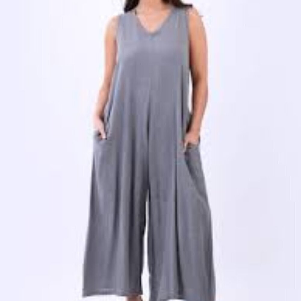 Made in Italy Sleeveless Wide Leg Relaxed Pinstriped Jumpsuit One Size Linen